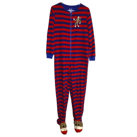 Nick & Nora Sock Monkey Adult Footed Pajamas Red & Blue Stripes Size S - Picture 1 of 8